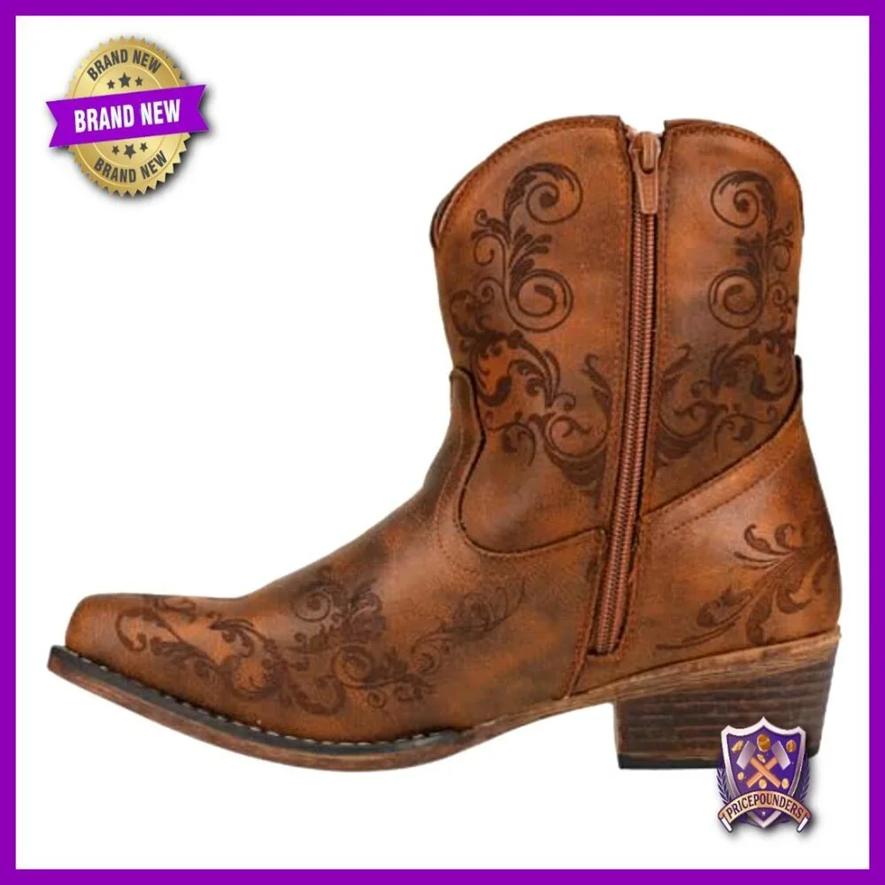 Western Chic Ankle Boots Faux Leather Floral Embroidery Casual Low Heel Pull On